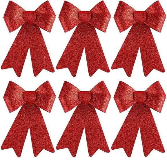 6 PCS Christmas Bows, 9 x 9 in Large Christmas Tree Bows, PVC Glitter Red Decor Xmas Decorations Indoor Outdoor Red Bows for Wreaths Stairs Railing Fireplace Present Xmas Party Supplies(Red)