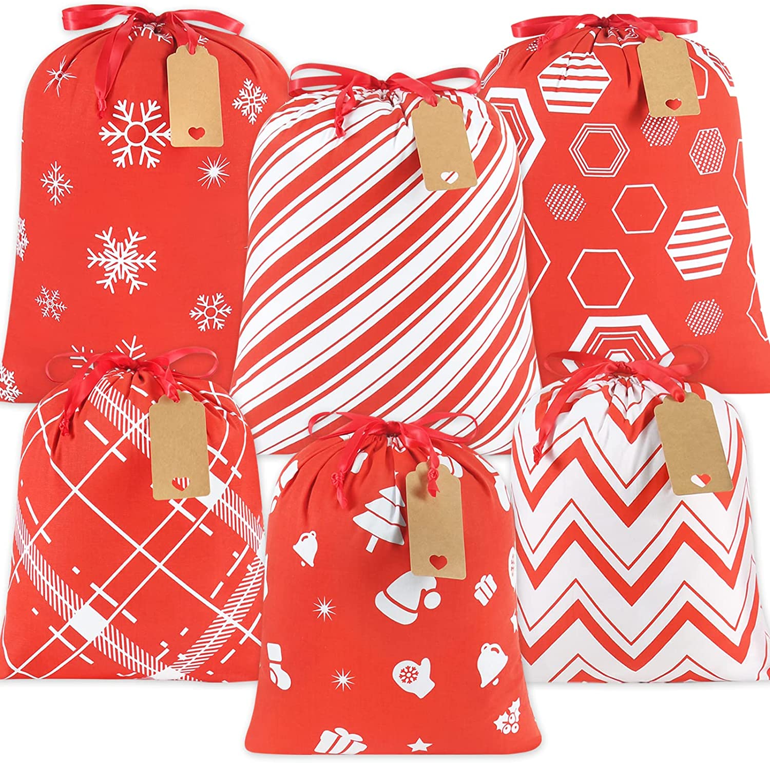 HRX Package Christmas Drawstring Gift Bags Assorted Sizes, 6pcs Gold