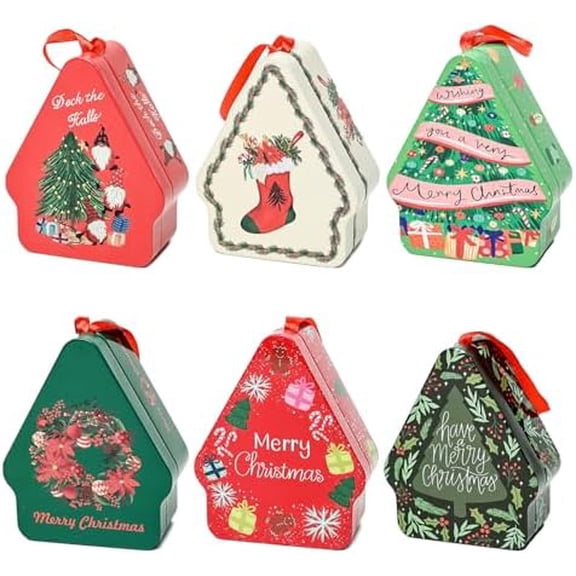 6 PCS Christmas Tin Box, Metal Cookie Tins with Lids, Xmas Card Tin Box, Candy Storage Containers House Shaped for Gift Giving Holiday Treat Party Gift Box