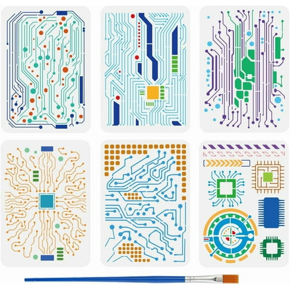 6 PCS Circuit Board Stencils with Paint Brush 8.3x11.7inch Circuit Diagram Templates Reusable Mixed Media Electronic Sketch Stencils