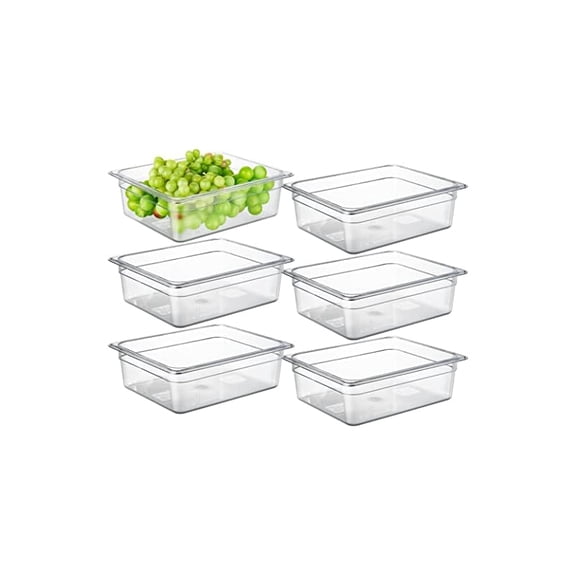 6 PCS Clear Food Pans, 1/3 Size 6 Inch Deep, 5 Qt Commercial Plastic Food Containers, Transparent Freezer-Safe Storage Pans with Frosted Non-Slip Bottom for Kitchen Prep Restaurant Buffet Party