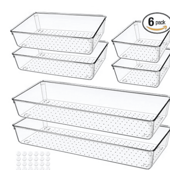 6 PCS Clear Plastic Drawer Organizer, Large 15" X 6" 3-Size Acrylic Stackable Kitchen Drawer Storage Tray, Bathroom Drawer Organizer Trays, Storage bins for Cosmetics Bathroom Kitchen Office