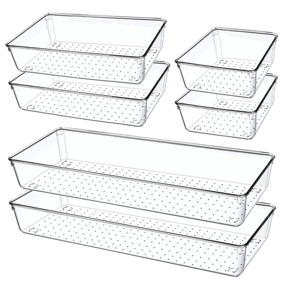 6 Pack Clear Drawer Organizers Bins, 3 sizes Kitchen Stackable Plastic Storage Containers for Refrigerator, Makeup Drawer Organization Tray for Desk, Bathroom, Cabinet, Vanity, Pantry