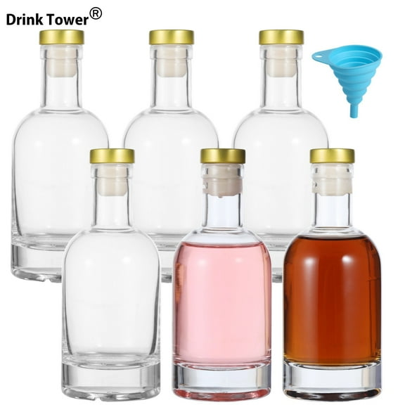 6 PCS Clear Woozy Glass Bottles, 6 oz Glass Bottles with T-Top Stoppers,Wine Glass Bottle with Airtight Cork, Glass Liquor Bottle with Funnel, 200 ml Glass Container for Beer Vodka Beverage