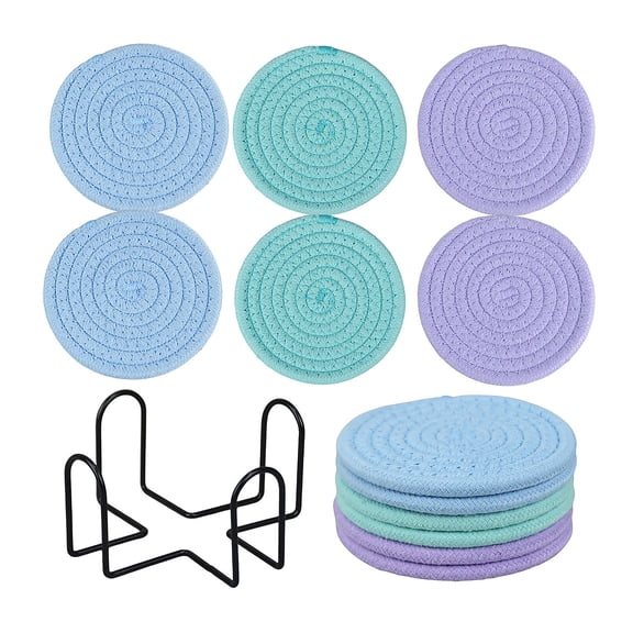 6 PCS Coasters with Holder for Beer, Coffee, Woven Cotton Coaster Set for Table Decor for Kitchen, Bar, Dining Room, Living Room, Housewarming Gifts,4.61 Inches