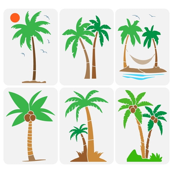 6 PCS Coconut Tree Painting Stencils 8.3x11.7inch Reusable Coconut Seagull Pattern Template Beach Nature Summer Theme Stencils