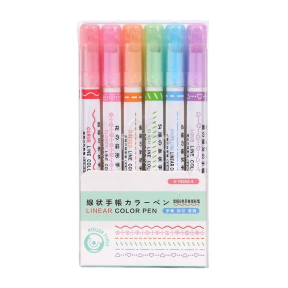 6 PCS Colored Curve Highlighter Pen Set with 6 Different Curve Shapes for Scrapbook Journaling Supplies Planner Art Design Note Take