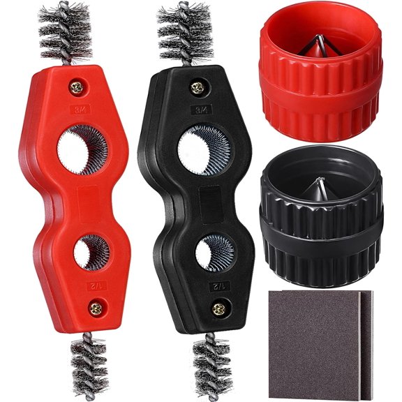 6 PCS Copper Pipe Cleaner and Reamer & Sanding Sponge Set, Include 2 PCS Copper Pipe Cleaner, 2 PCS Reamer & 2 Pack Sanding Sponge, 4 In 1 Pipe Deburring Brush for PVC PPR Copper Brass Aluminum Pipes