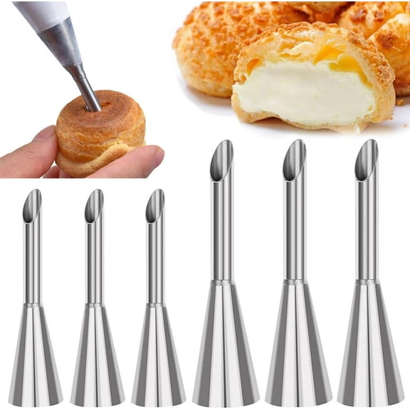 6 PCS Cream Icing Piping Nozzle Tip Stainless Steel Long Cream Puff Piping Tips Cake Decorating Tools Multipurpose Pastry Piping for Small Pastries Puffs Cupcakes Filling Donuts Other Pastries