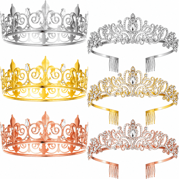 6 PCS Crown for Men, Tiaras and Crowns for Women King and Queen Crown Set King Crowns for Men for Halloween Party Role Play Queen Princess and Prince Crystal Hair Accessories-3 Colors