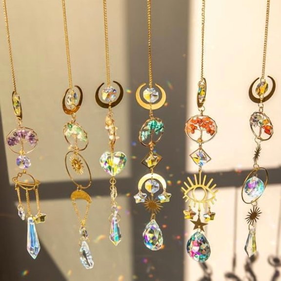 6 PCS Crystal Suncatchers for Window Hanging, Sun Catchers Indoor Window Garden Hanging with Crystals Prism Light Catcher,Tree of Life Crystal Suncatcher for Indoor Outdoor Home Garden Party Decor