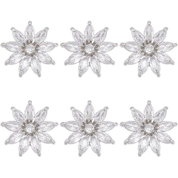 6 PCS Cubic Zirconia Button 0.7x0.7inch Zirconia Buttons with 2mm Hole Flower Shape Button Platinum Brass Shank Buttons for Garment Accessories for Clothes Bags Hats Decoration