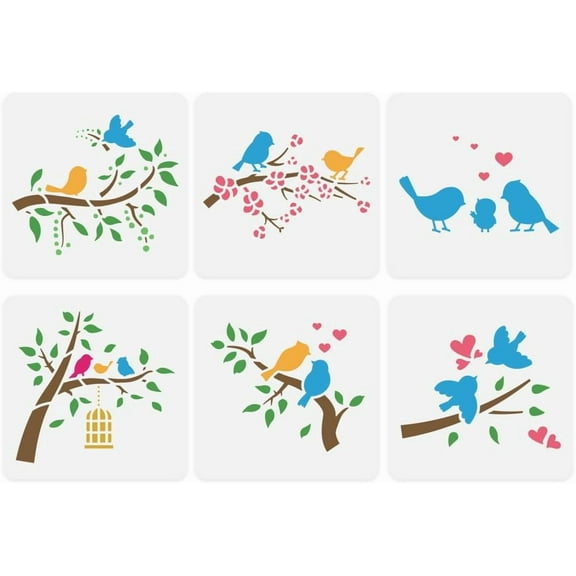 6 PCS Cute Birds Stencils for Painting 5.9x5.9inch Birds Family Templates Tree Branches Leaves Stencils Bird Love Birdcage Drawing Templates Animal Theme Stencils