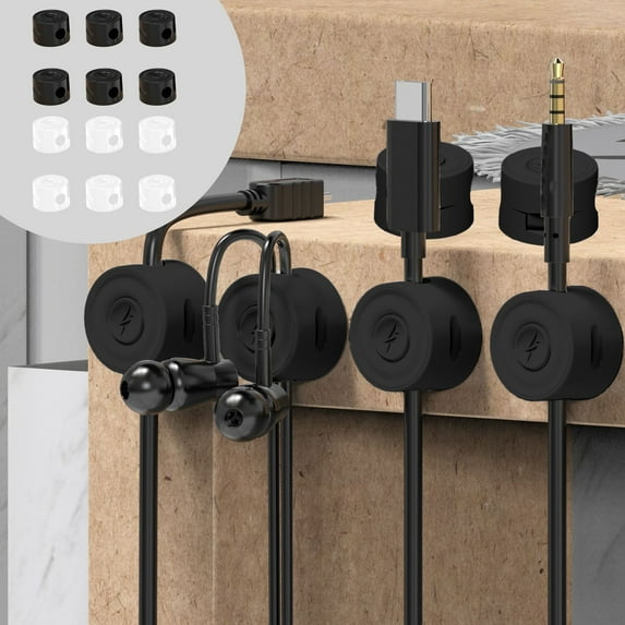 6 PCS Desktop Cable Organizer Clips, Magnetic Cable Management System, Round Cable Holders for Phone Chargers USB Cords Data Cables, Self- Wire Collection Storage Solution, Black White