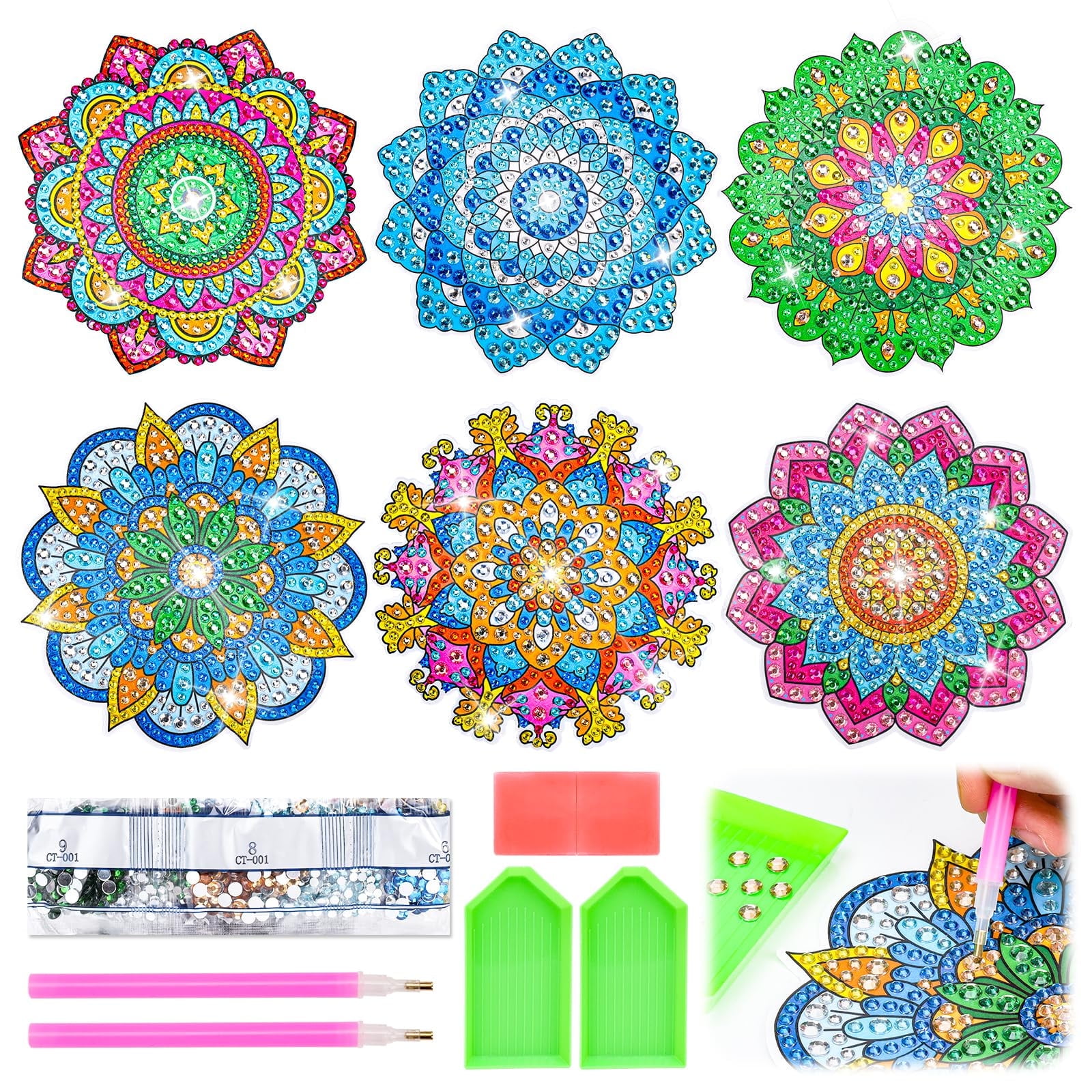 6 PCS Diamond Painting Kits for Suncatchers Mandala Art Stained Glass Window Clings, Mosaic Painting by Numbers,Window Film Static Clings 3D Decals,Art Craft Supplies