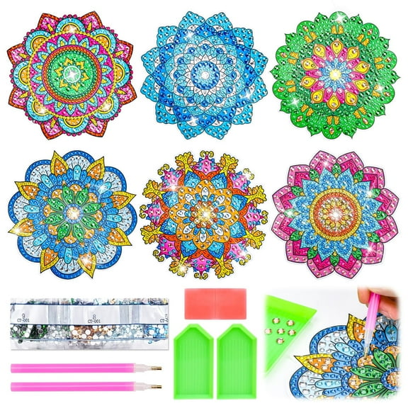 6 PCS Diamond Painting Kits for Suncatchers Mandala Art Stained Glass Window Clings, Mosaic Painting by Numbers,Window Film Static Clings 3D Decals,Art Craft Supplies