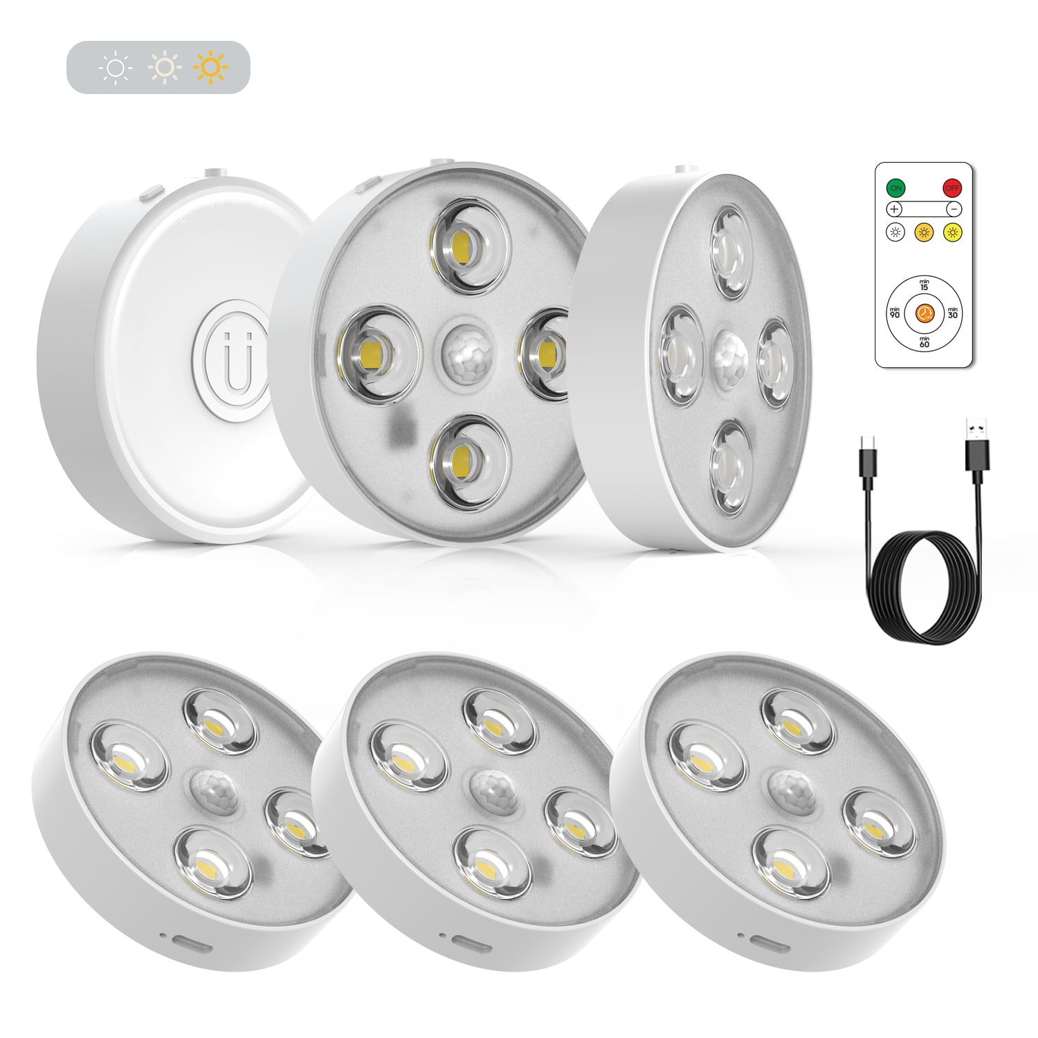 6 PCS Dimmable LED Under cabinet Light With Remote Control, 3-color Dimmable, Night Light, Rechargeable Battery-powered For Walls, Closets, Closets, Cabinets, Staircases