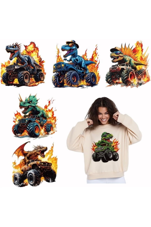 6 PCS Dinosaur Truck Iron on Transfers Flame Heat Transfer Decals for T Shirts Clothing Shirt Stickers Iron on Designs for Boy T-Shirt Hoodie Canvas Bags Pillow Jackets Crafts 9.8in for diy making