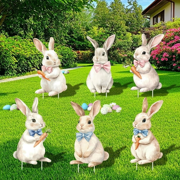 6 PCS Easter Decorations Outdoor Yard Signs, Large White Bunny Signs with Stakes,Easter Bunny Yard Lawn Garden Decor for Kids Family Home Outside Spring Easter Party Home Decor