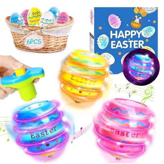 6 PCS Easter Eggs Toys Gifts for Kids, Light up & Singing Spinning Top with Flash, Easter Basket Stuffers, Plastic Easter Egg Hunt Party Favor Toy, Kids Goodie Bag Fillers, Gifts for 3+ Boys Girls