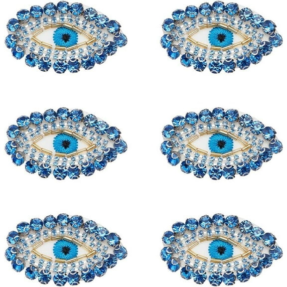 6 PCS Egypt Evil Eye Patch 1.4x2 inch Blue Gold Glass Rhinestone Applique Patch Eye Shape Exquisite Embroidered Sew On Patches with Felt Back