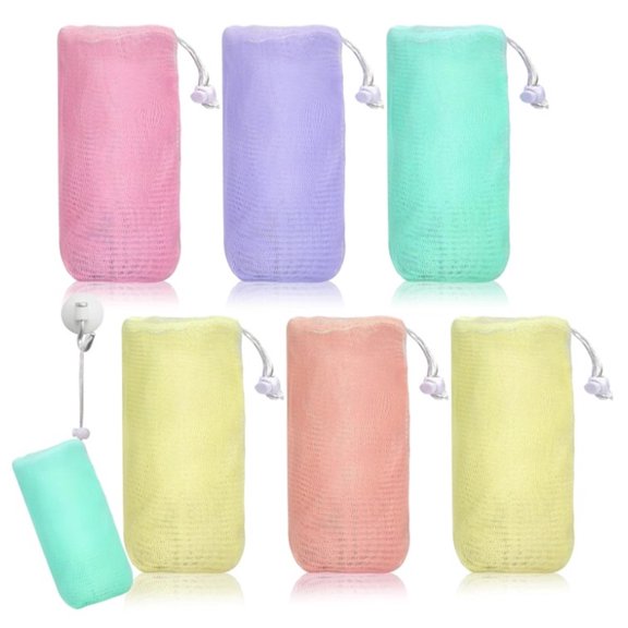 6 PCS Exfoliating Mesh Soap Pouch,Bubble Net Soap Bag,Shower Soap Sack Saver Pouch,Drawstring Foaming Net Soap Bag,Body Facial Cleaning Foam Tool