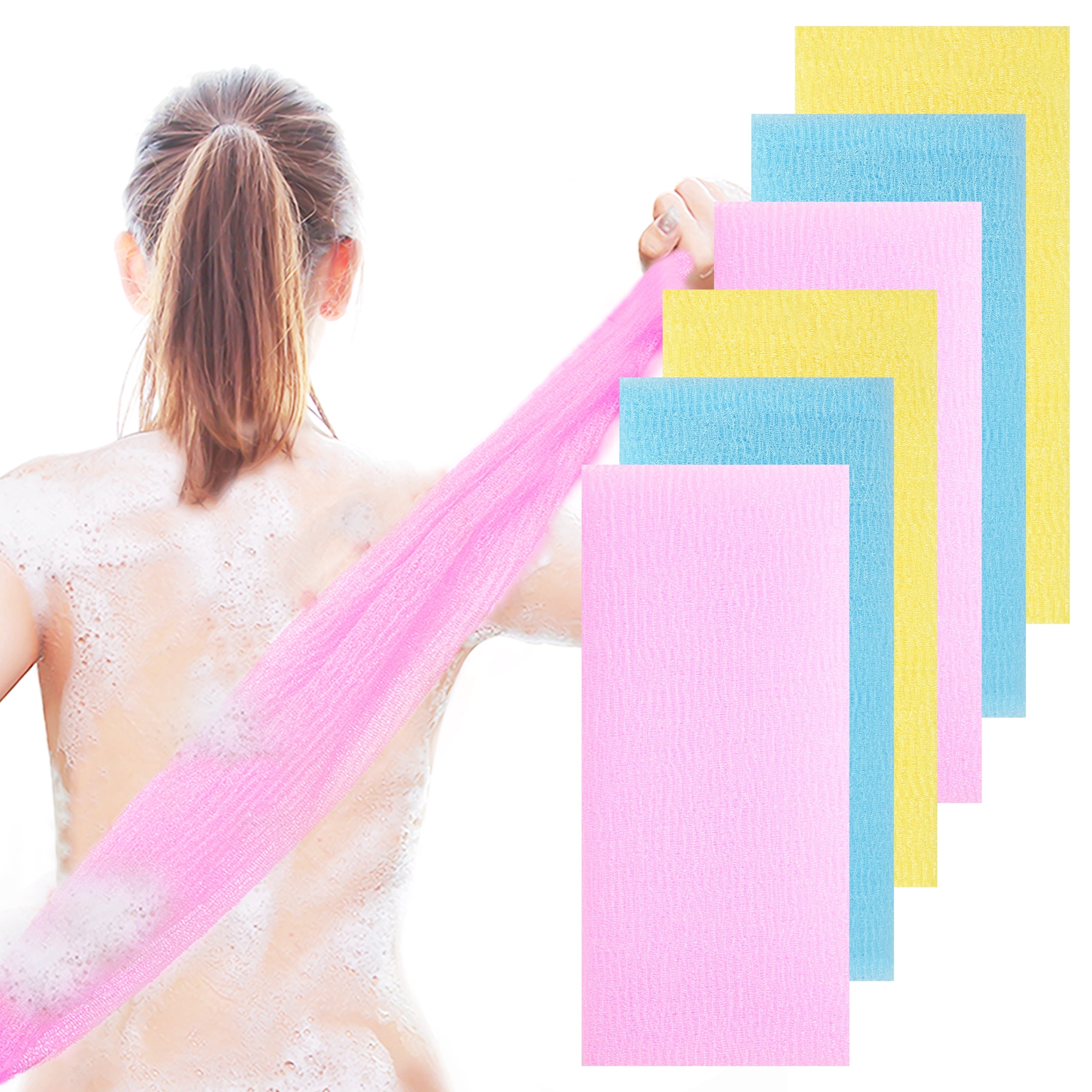 6 PCS Exfoliating Washcloth, 35 Inch 3 Colors Nylon Bath Exfoliating Towel for Shower, Colorful Japanese Washcloth, Exfoliating Body Scrubber (Blue, Yellow, Pink)