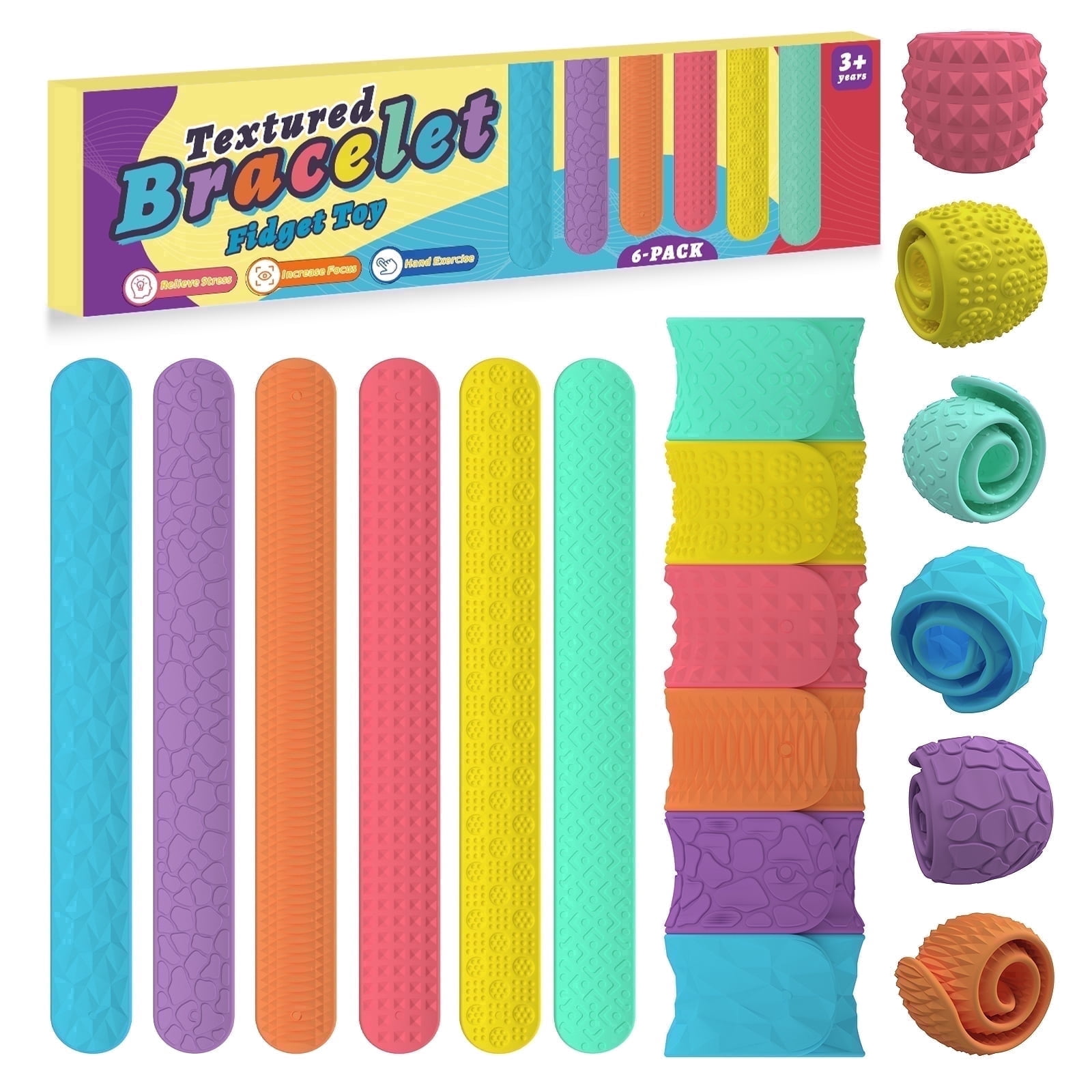 Sensory Fidget Toys for Kids: Textured Silicone Slap Bracelets 6 Pack ...
