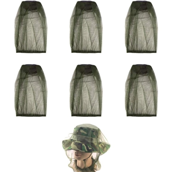 6 PCS Fishing Camping Mesh Face Protector Cap Mosquito Hat Full Covers Military Green, from Insect Bug Bee Mosquito Gnats (Excluding hat)