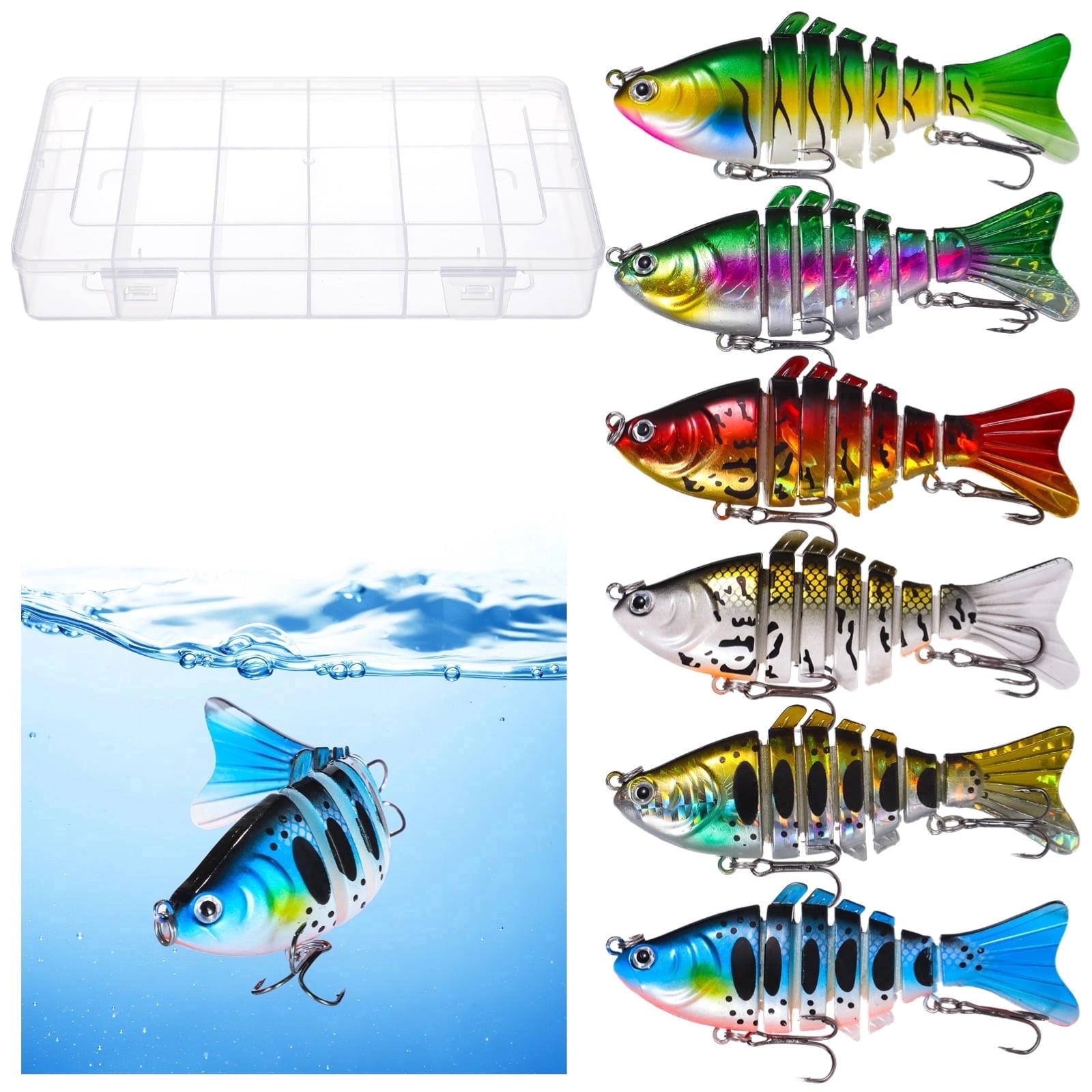 6 Pack 7-Segment Jointed Fishing Lures with Carry Case  Lifelike Minnow  Swimbait with 3D Eyes & Triple Hooks, Multi-Color for Bass, Trout, Pike in  Fresh & Saltwater - Walmart.com