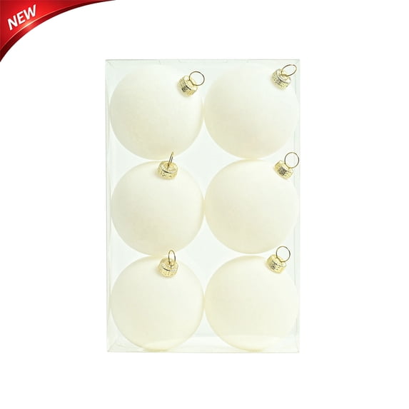 6 PCS Flocked Christmas Balls Ornaments for Christmas Tree, 2.36 Inch Shatterproof Velvet Xmas Bulbs Set, Indoor Outdoor Plastic Hanging Balls for Holiday Wedding Party (White)