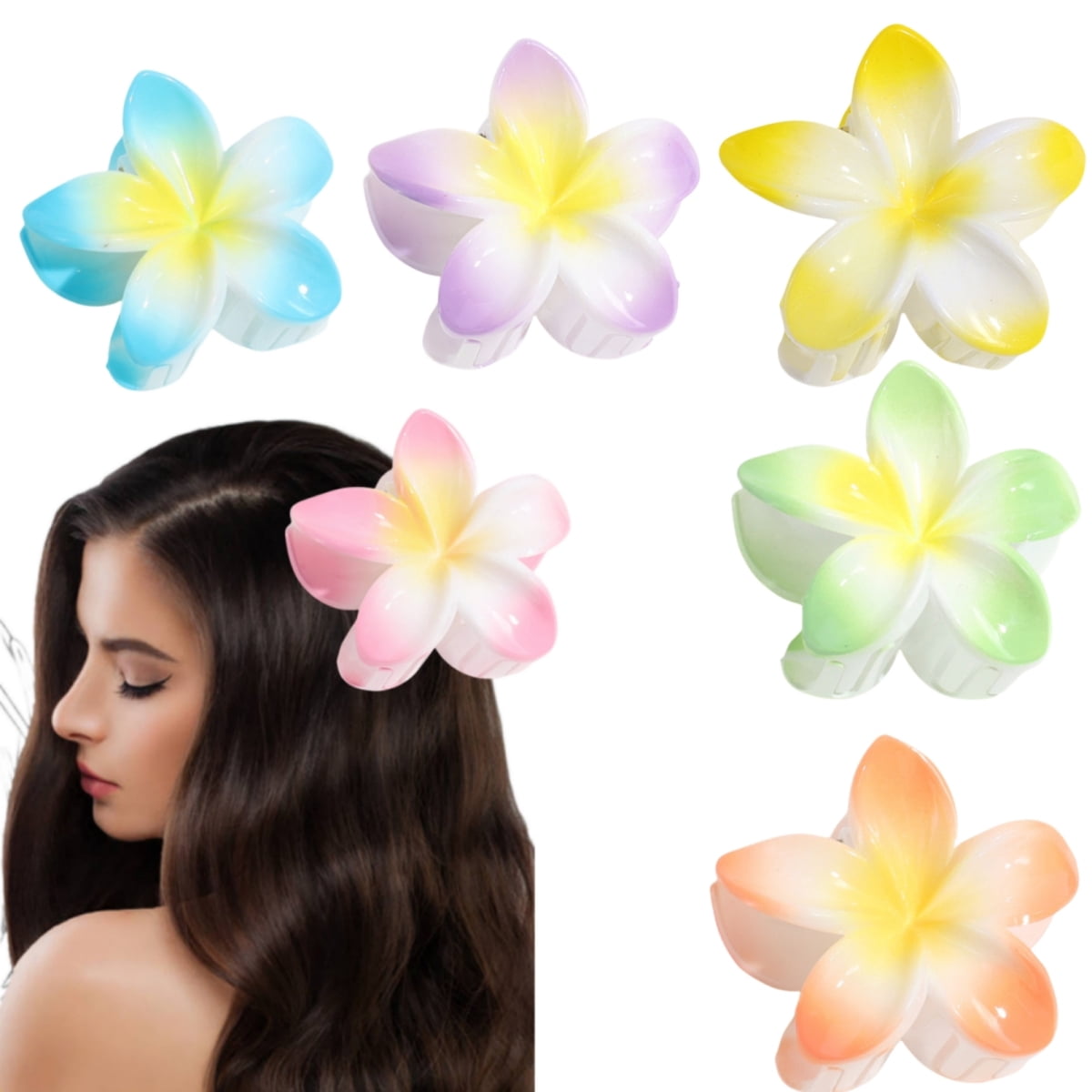 6 PCS Flower Hair Clips - Hawaiian Claw Clips for Vacation Hibiscus Hair Claw Clips Cute Large Hair Clips for Thick and Thin Hair Plumeria Hair Accessories for Women Girls, Style 4