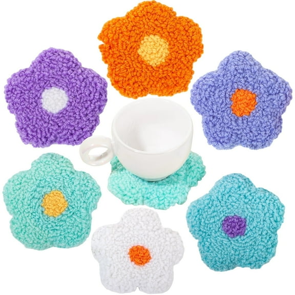 Flower Punch Needle Coaster Kit - 6 Pcs Crafts Punch Needle Coasters Set, DIY Supplies Tufted Coasterswith Hoop, Yarn & Tools | Punch Needle Embroidery Kit for Adults Beginners