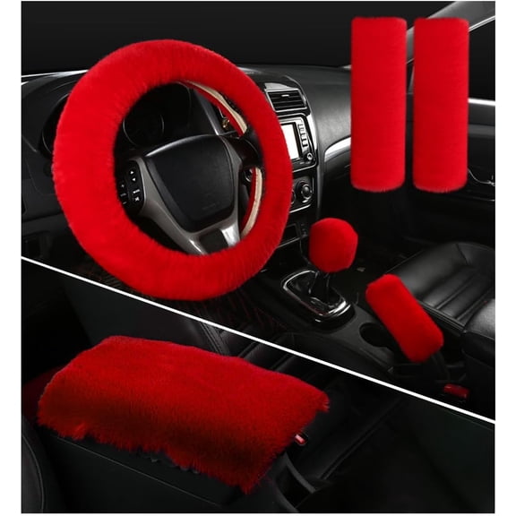 6 PCS Fluffy Steering Wheel Covers Set, 15'' Furry Car Wheel Cover, Soft Gear Shift & Handbrake Cover, Center Console & Seat Belt Shoulder Pads for Women, Car Accessories (Red)