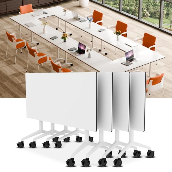 6 PCS Folding Conference Table on Wheels,55.1 IN Modular Flip-Top Conference Room Table for 6–12 People, Mobile Training & Meeting Table for Office Classroom School, Space-Saving Design(White)