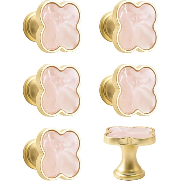 6 PCS Four-Leaf Clover Handle, Creative Cabinet Drawer Pulls Multifunctional Single Hole Zinc Alloy Knobs for Dresser Wardrobe Door Furniture Accessories/Gold Base with Pink Surface