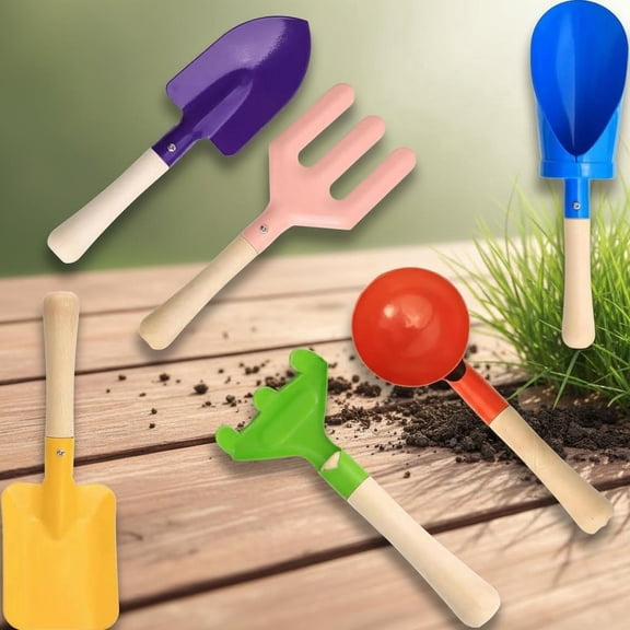 6 PCS Gardening Tools, Metal Beach Sandbox Digging Toys with Sturdy Wooden Handle, Backyard Snow Sensory Playset Including Cylinder, Spoon, Fork, Rake, Flat & Pointed Shovels