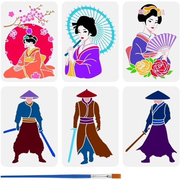 6 PCS Geisha Swordsman Painting Stencil with 1 Pc Plastic Paint Brush 8.3x11.7inch Samurai Warrior Stencil Geisha Template Human Theme Template for Painting on Wall Wood Furniture