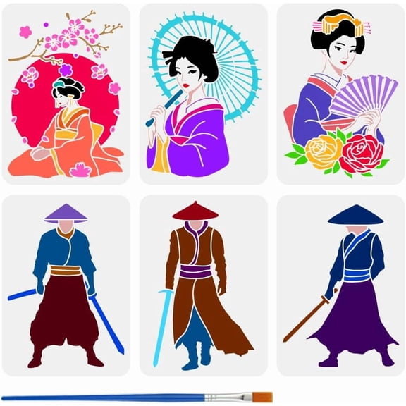 6 PCS Geisha Swordsman Painting Stencil with 1 Pc Plastic Paint Brush 8.3x11.7inch Samurai Warrior Stencil Geisha Template Human Theme Template