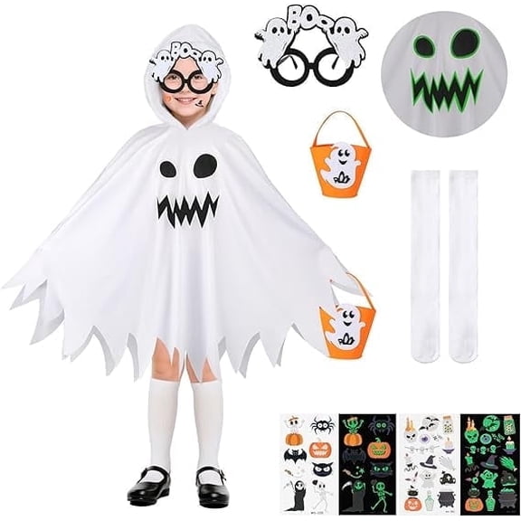 6 PCS Ghost Costume Kids, Ghost Outfit with Cape Glow in The Dark Tattoos Novelty Glasses Pumpkin Bag White Stockings, Halloween Costumes Kids for Trick or Treat Carnival Halloween Party Cosplay
