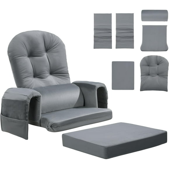 6 PCS Glider Rocker Replacement Cushions with Lumbar Support, Thickened Soft Velvet Rocking Chair Cushion Set with Storage Side Pocket, Washable Replacement Cushions for Glider Rocker, Gray
