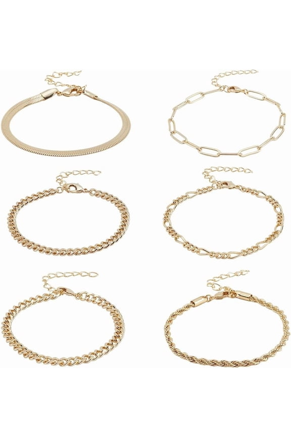 6 PCS Gold Ankle Bracelets Set for Women Adjustable Lightweight Waterproof Layered Cuban Figaro Link Chain Anklets Set for Wedding for New Year Gifts Boho Beach Foot Anklet Adjustable Size Gold DIY