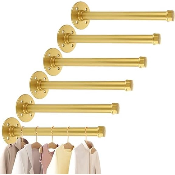 6 PCS Gold Closet Rods for Hanging Cloth 12 Inch Industrial Pipe Clothing Rack Gold Industrial Pipe Closets Bar 12 Inch Wall-Mounted Clothes Racks for Hanging Clothes$$Home Decor, Kitchen, & Other