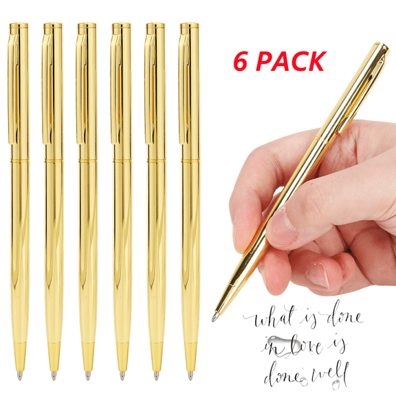 6 PCS Gold Slim Ballpoint Pens Black Ink 1.0mm Point Pen for Wedding Guest Book Gold Metallic Slim Ballpoint Pens for Business Office Students Teachers