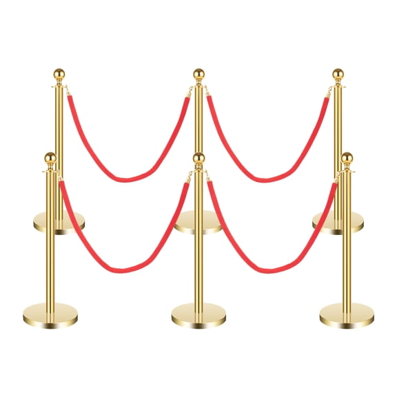 6 PCS Gold Stanchion Posts Crowd Control Barriers Stainless Steel Stanchion Set Gold Velvet Rope Barrier with Round Base for Events & Museums, 95cm Height