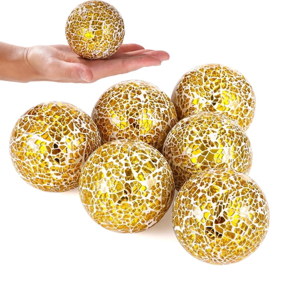 6 PCS Golden Mosaic Glass Balls, 3.1 in Decorative Orbs Sphere Balls for Bowls, Vases, Table Centerpieces, Shiny Mosaic Decorative Balls for Living Room, Dining Table, Party Home Decor