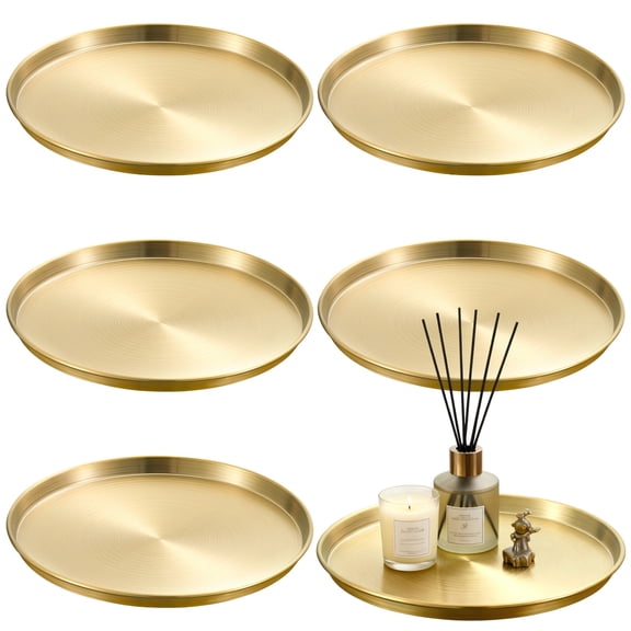 6 PCS Golden Round Serving Trays, 12 in Brushed Stainless Steel Decorative Vanity Tray, Smooth Polished Table Circle Plates, Multi-Purpose Home and Party Organizer