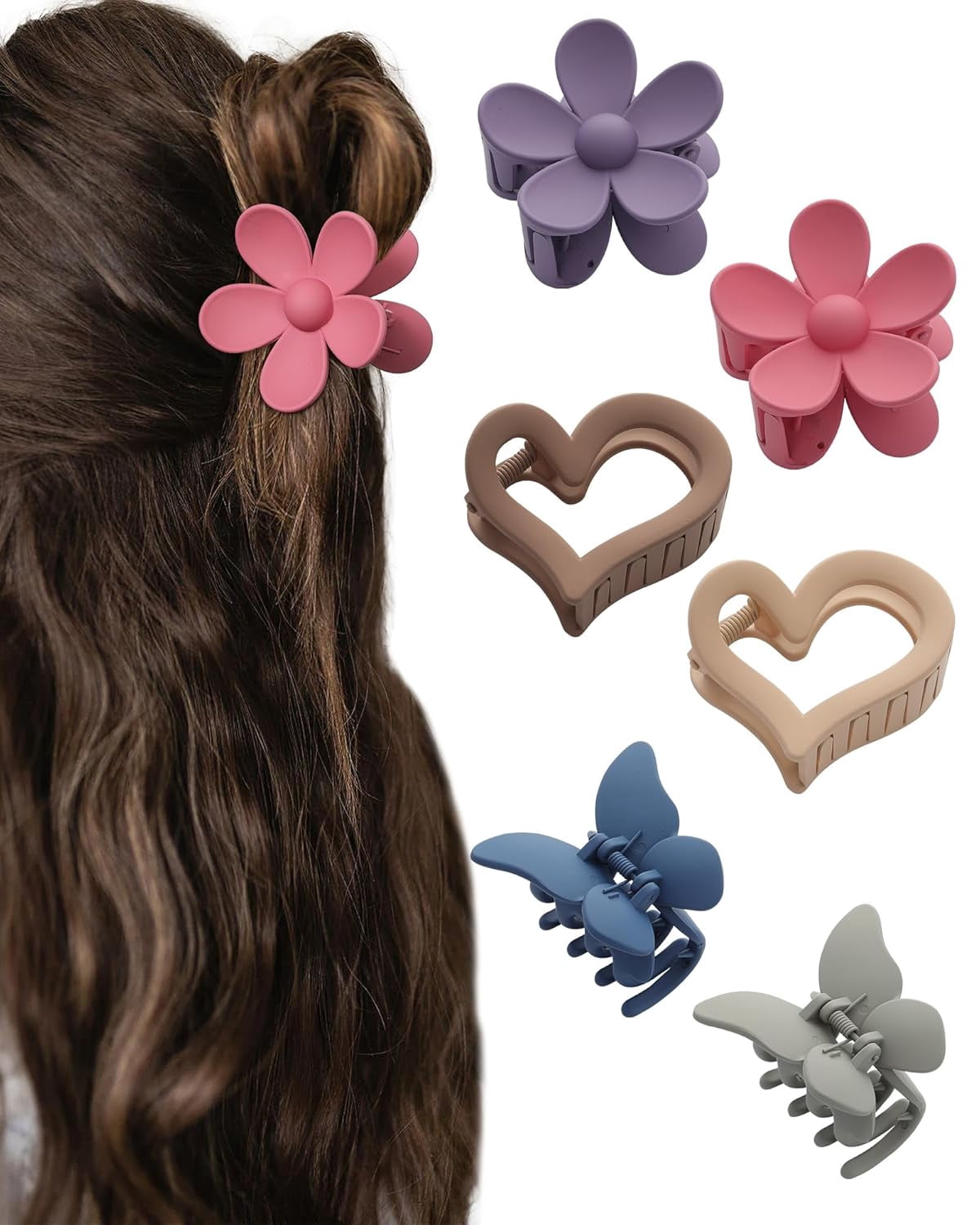 6 PCS Hair Claw Clips - Matte Flower, Heart, Butterfly Hair Claw Clips for Women Girls - Non-Slip and Strong Hold for Thin/Medium/Thick Hair