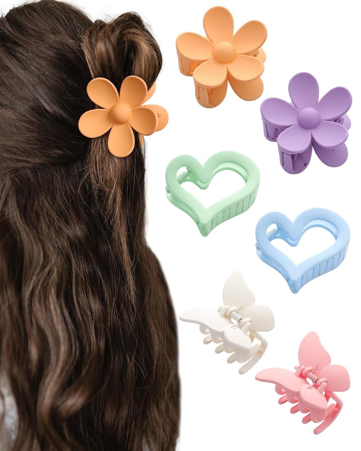 6 PCS Hair Clips - Matte Flower, Heart, Butterfly Hair Claw Clips for Women Girls - Non-Slip and Strong Hold Claw Clips for Thin/Medium/Thick Hair