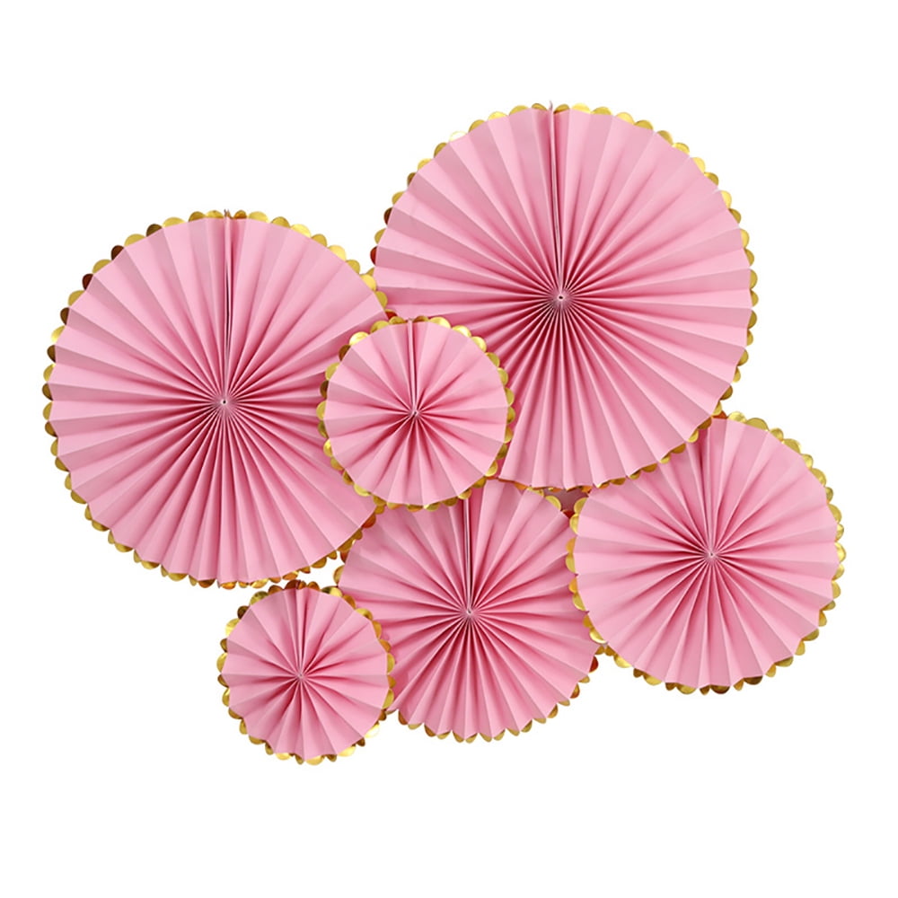 Pink and Gold Border Hanging Paper Fans Set of 6